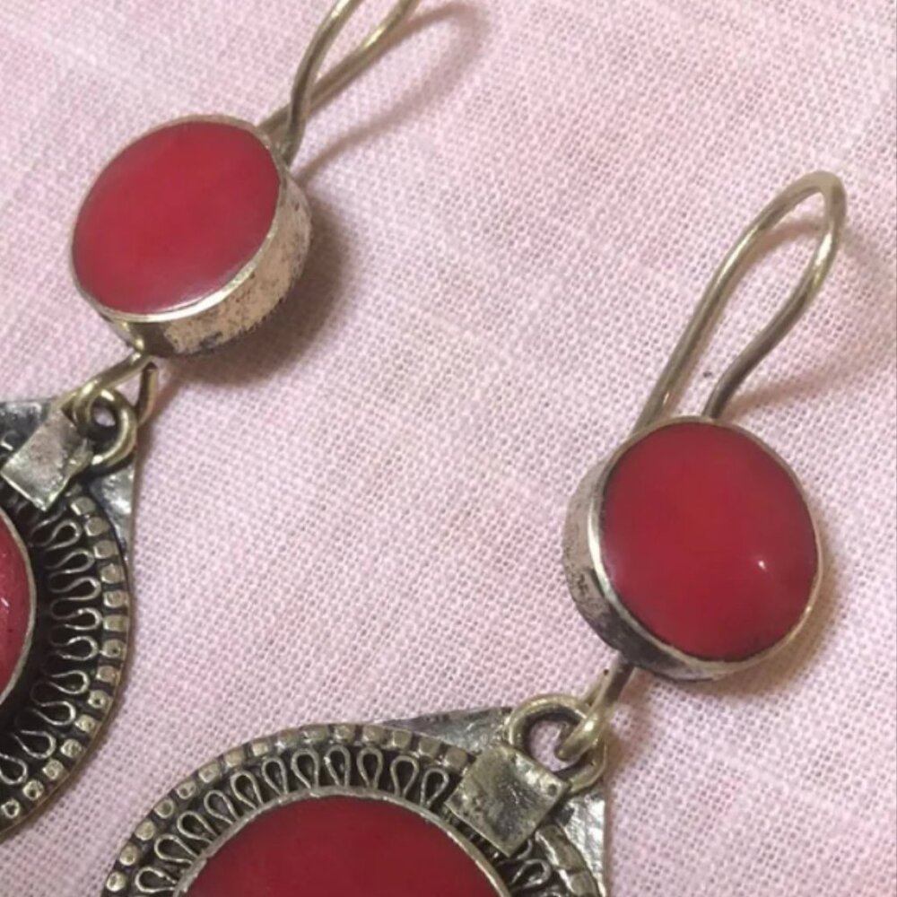 Handmade Tribal Stone Earrings: Antique Silver Filigree, Boho Jewelry - Picture 4 of 6
